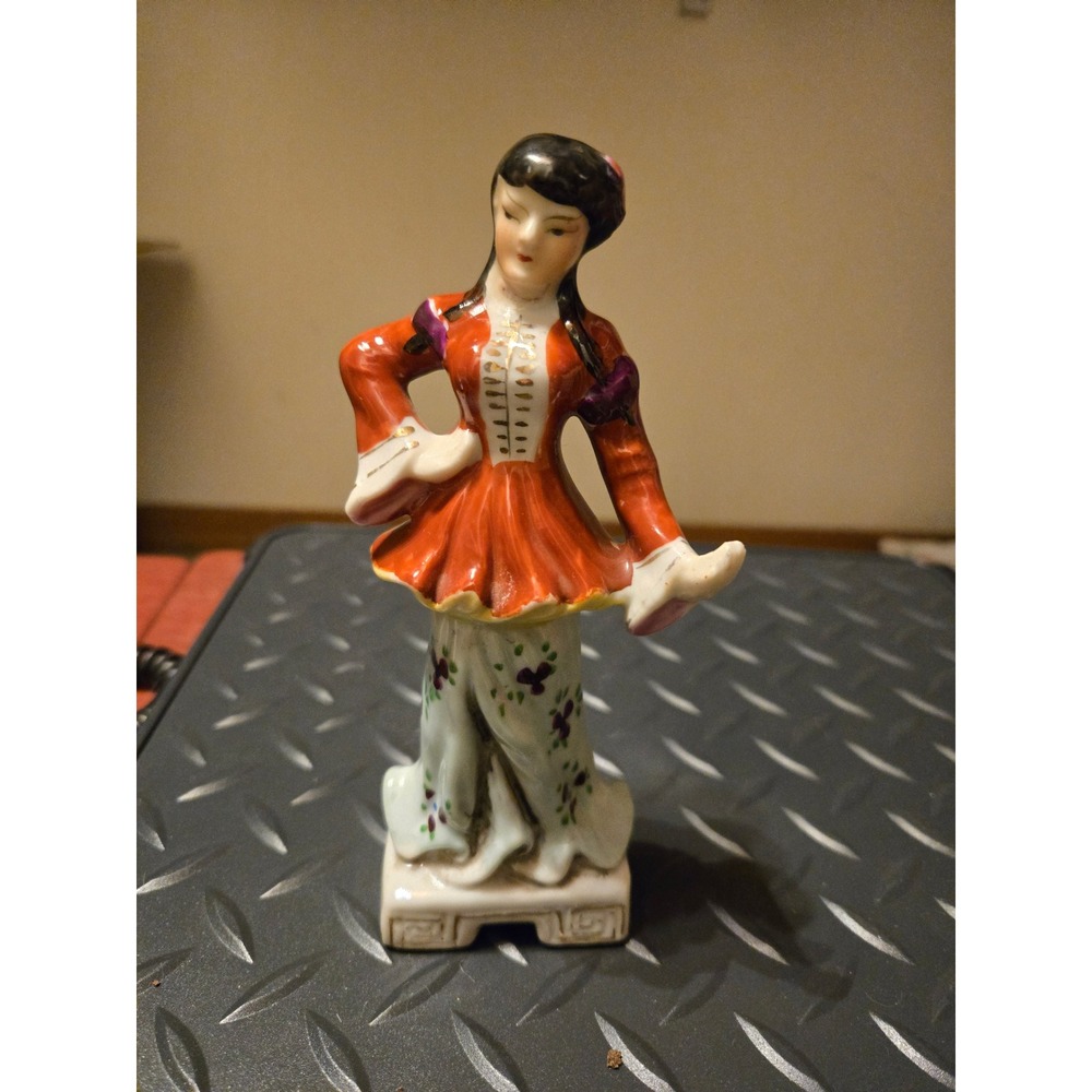 Vintage Made in Occupied Japan Porcelain Woman Figurine Red Gold Hand Painted
